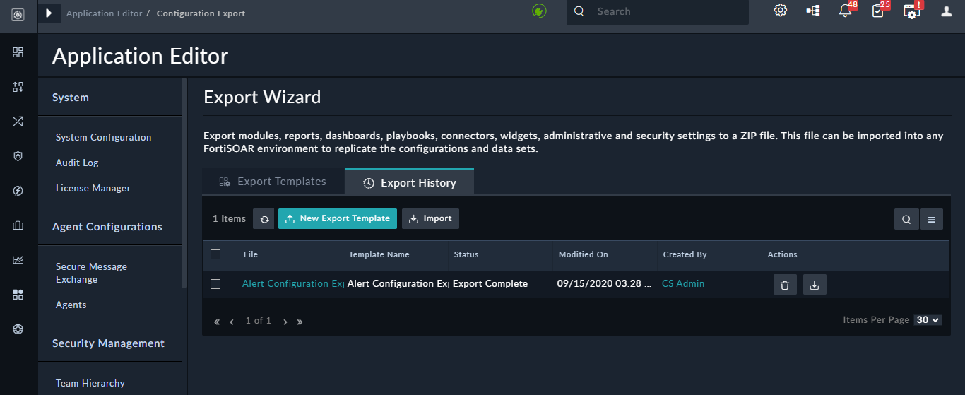 Configuration Export page - Export History page