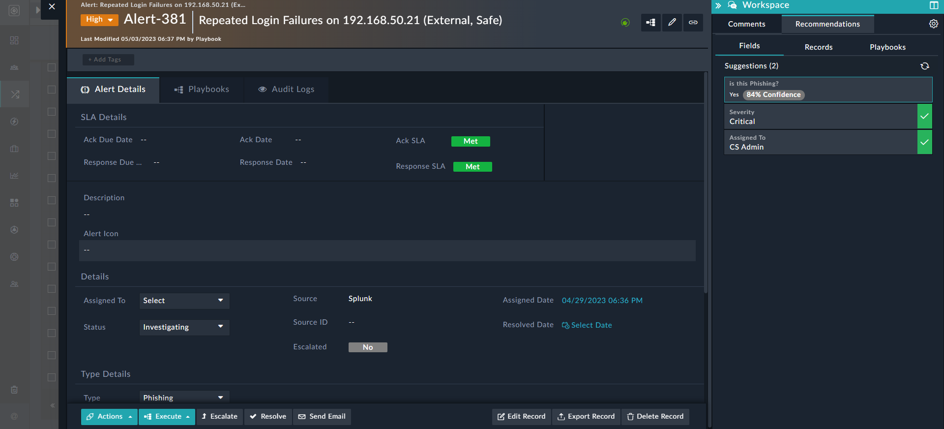 Alert Details View - Phishing Suggestion