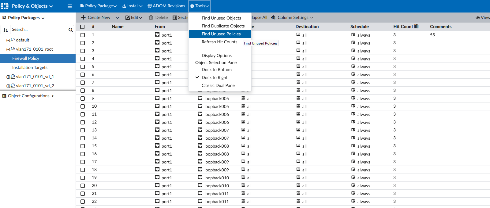 Viewing unused policies | FortiManager 7.2.4 | Fortinet Document Library