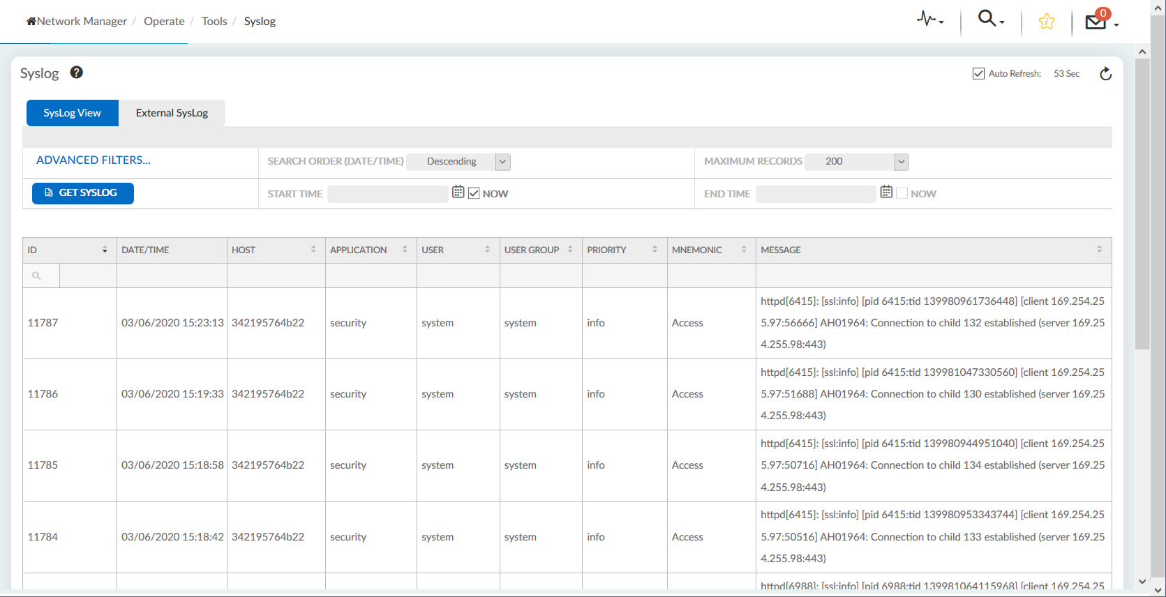 Syslog The Syslog screen.
