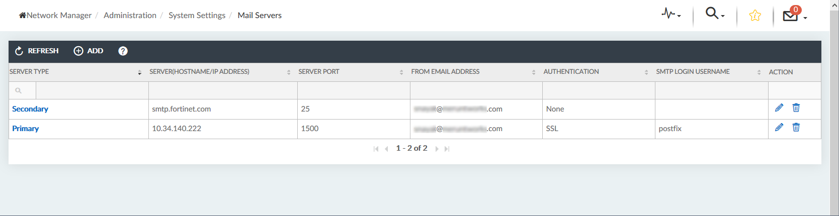 Mail Servers The Mail Servers screen.