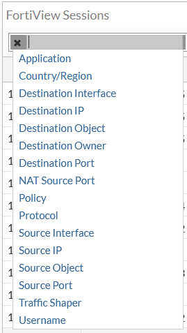 FortiAP Sessions filters menu
