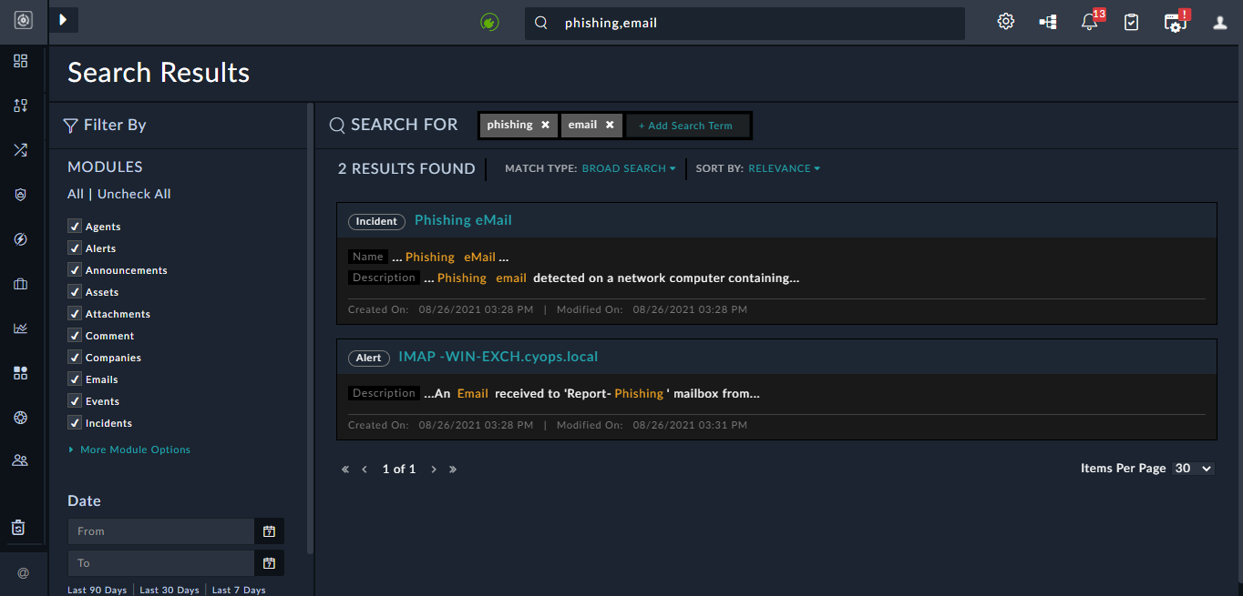 Search using an 'And' operator for both words 'phishing' and 'email'