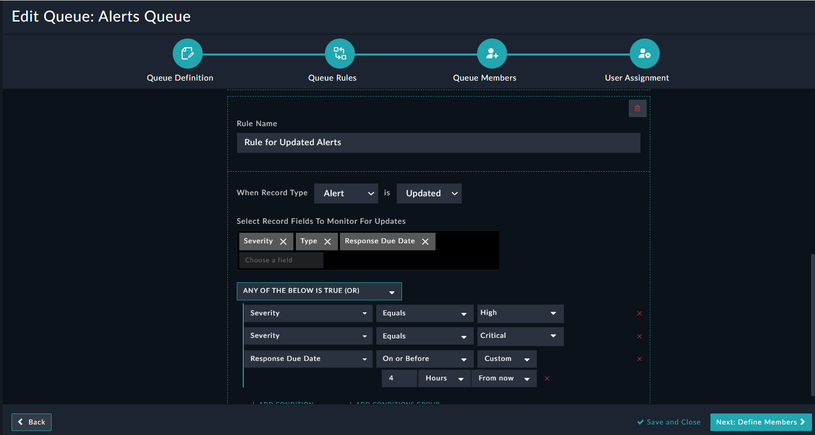 Create New Queue Wizard: Defining Rules for Updated alerts to be assigned to the Queue