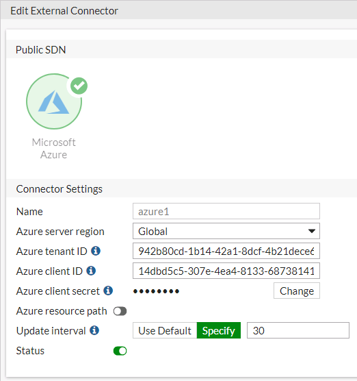 SDN Connector Configuration Screenshot of SDN connector configuration for Azure AKS