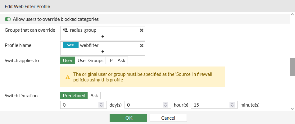 Click Allow users to override blocked categories