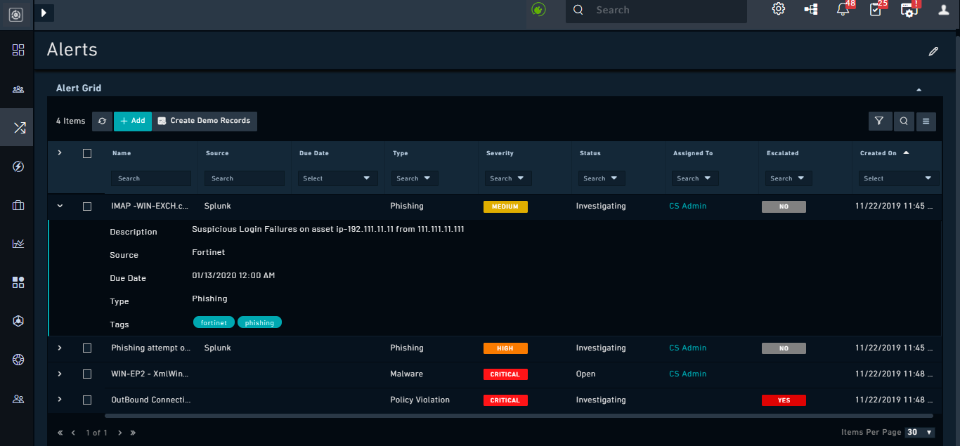 Records with Severity Equal to Critical OR Status Equal to Investigating filter applied
