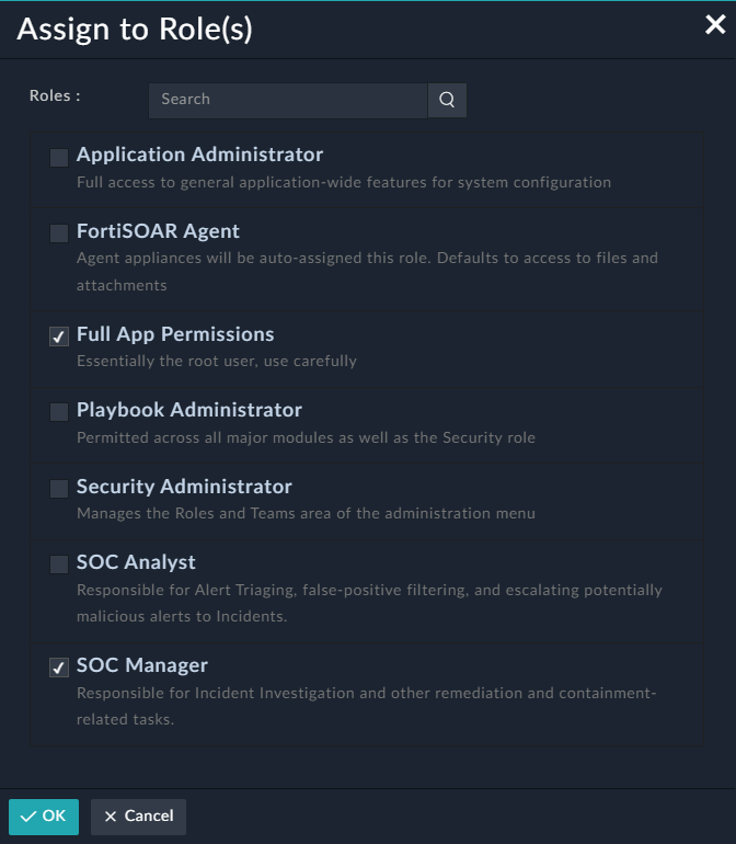Assign to Role (s) dialog