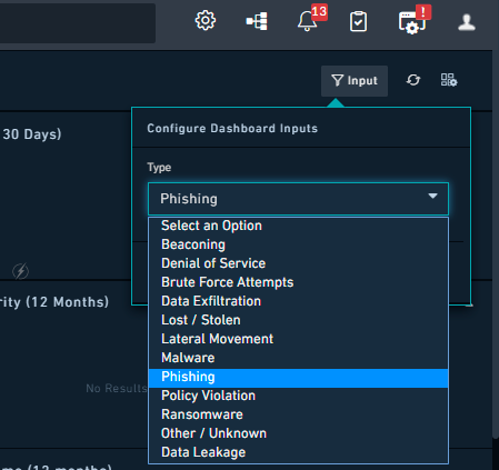 Selecting the type of alert from Inputs drop-down on the Dashboard page