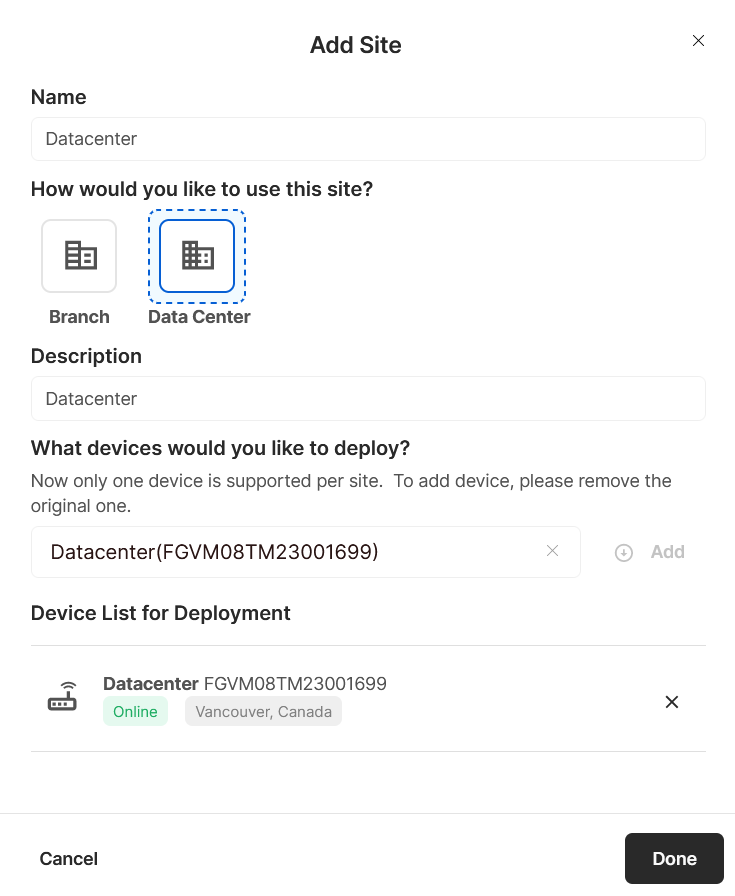 Adding a new site to a hub | Overlay-as-a-Service 24.3.0 | Fortinet ...