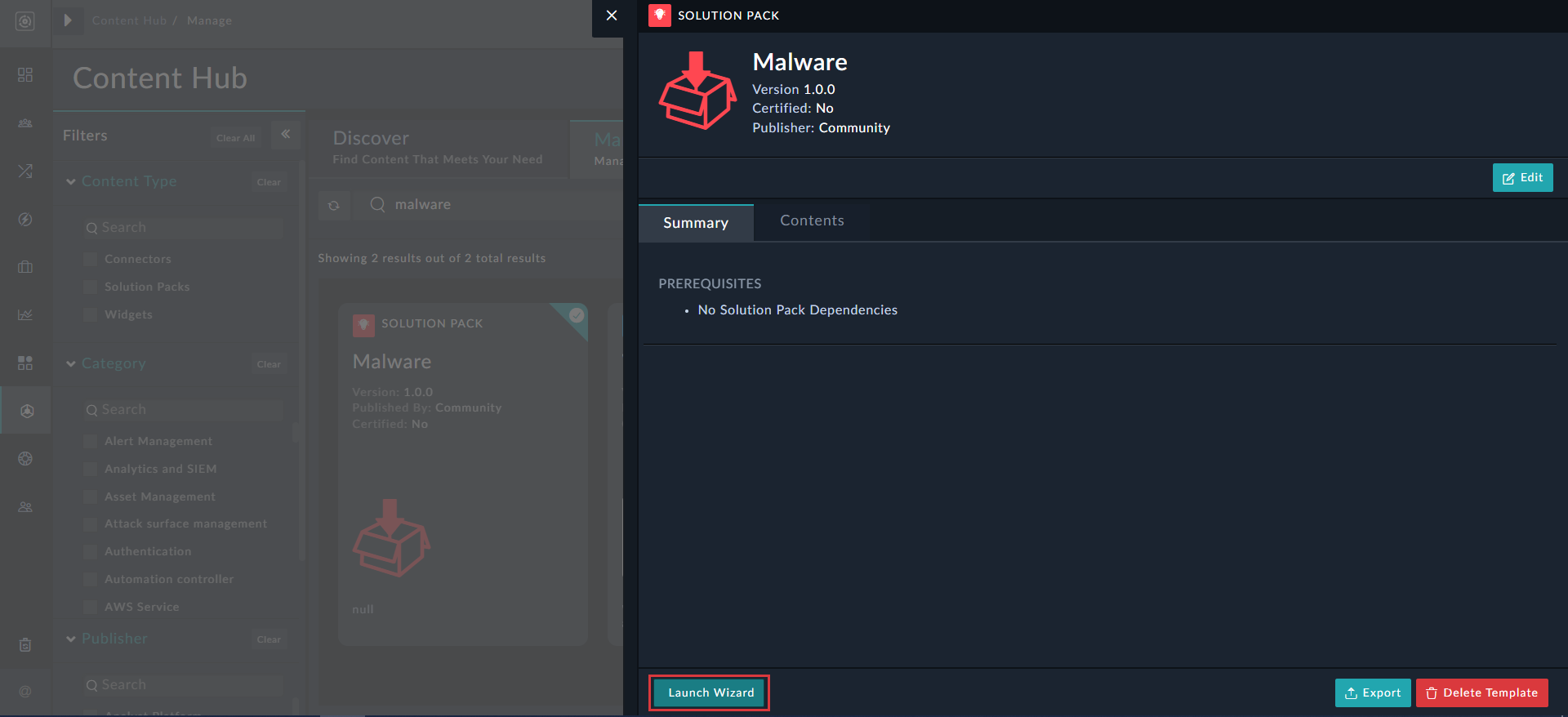 Launch Wizard button on Solution Pack