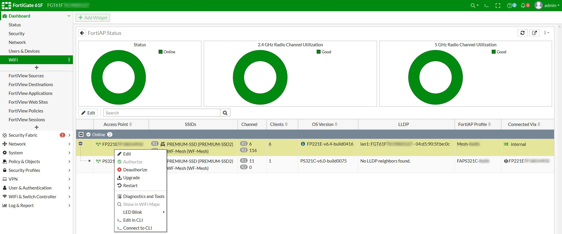 FortiAP Status monitor right-click menu