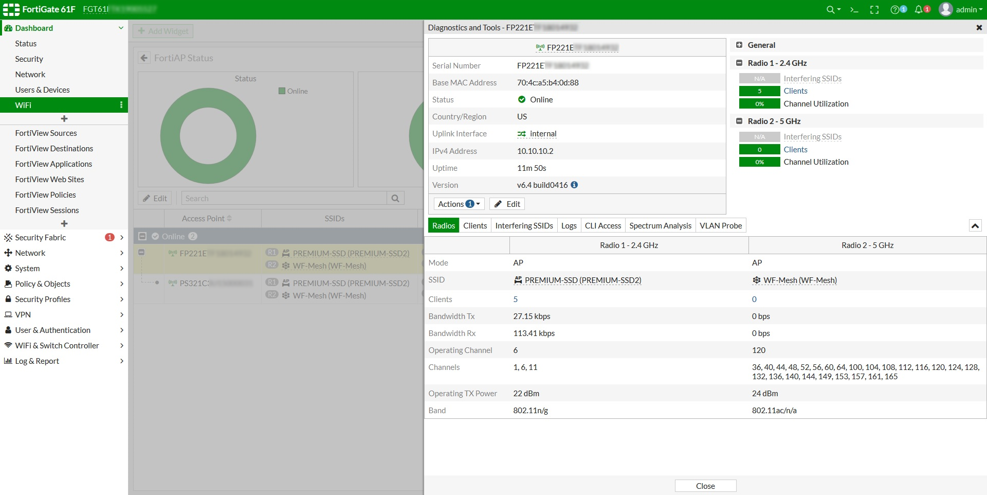 FortiAP Status monitor diagnostics and tools