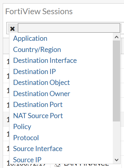 FortiAP Sessions filters menu
