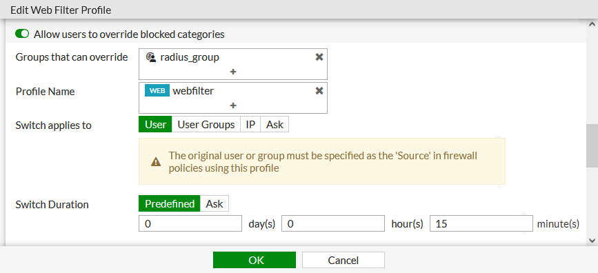 Click Allow users to override blocked categories