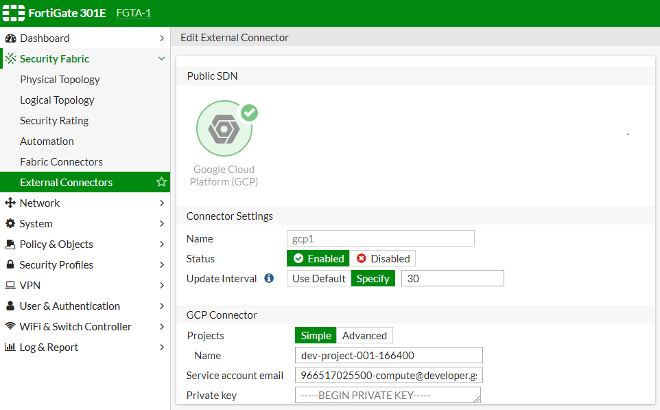 Screenshot of SDN connector configuration for GCP