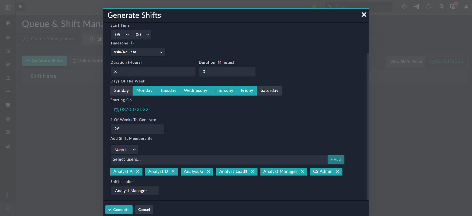 Generate Shifts Dialog