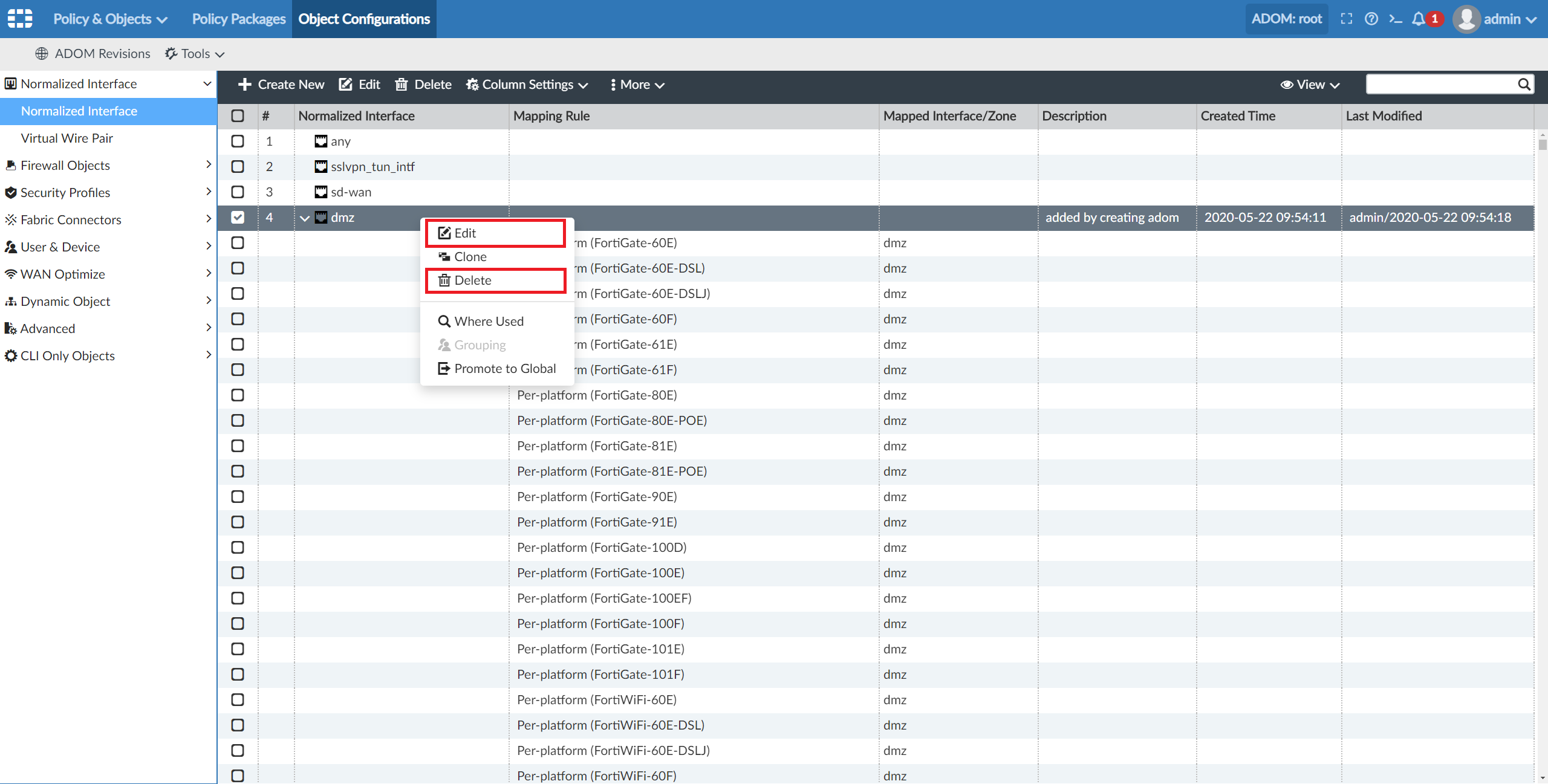 Edit or Delete normalized interface Edit or Delete normalized interface