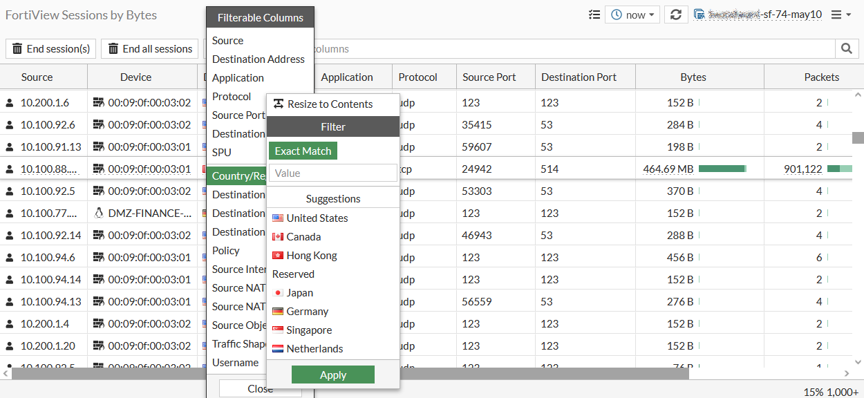 FortiAP Sessions filters