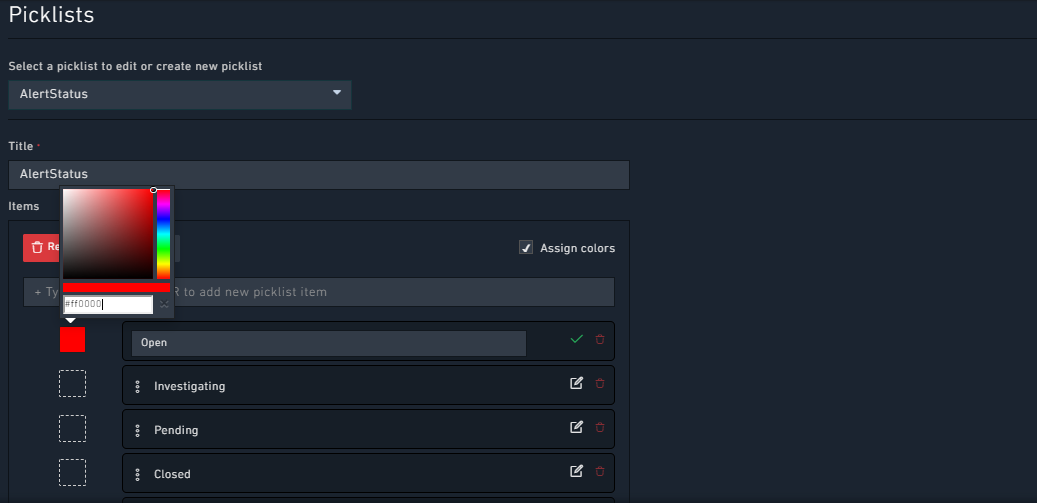 Entering picklist colors using hexadecimal values