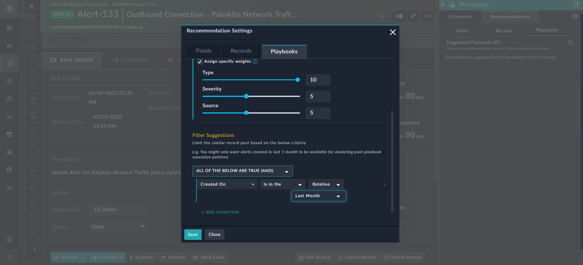 Defining the filter criteria for similar records to define suggested playbooks