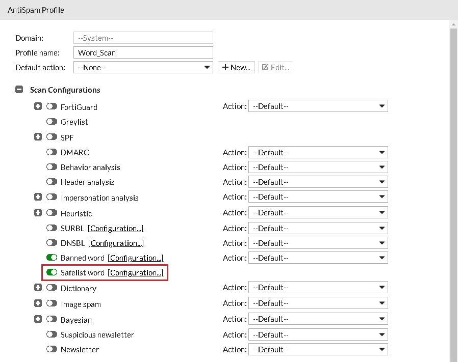 Configuring safelist word options FortiMail 7.2.0