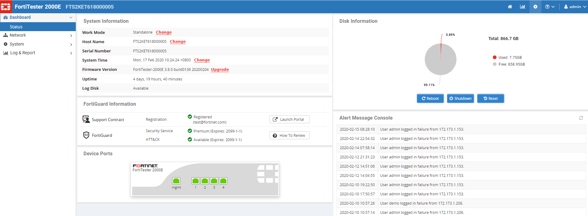 Viewing system status | FortiTester 3.9.0