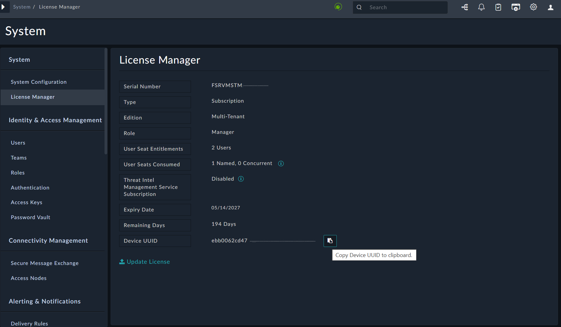 Master node license page