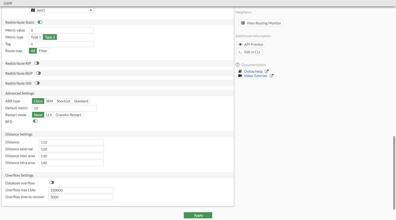 GUI Page For OSPF Settings FortiGate FortiOS 7 0 0