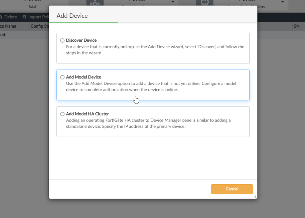 Adding a model device Adding a model device