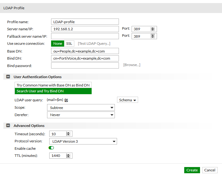 Creating an LDAP profile | FortiVoice 7.2.0 | Fortinet Document Library