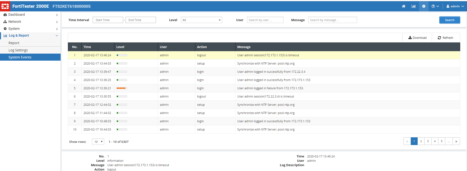 Viewing system events | FortiTester 7.4.1 | Fortinet Document Library