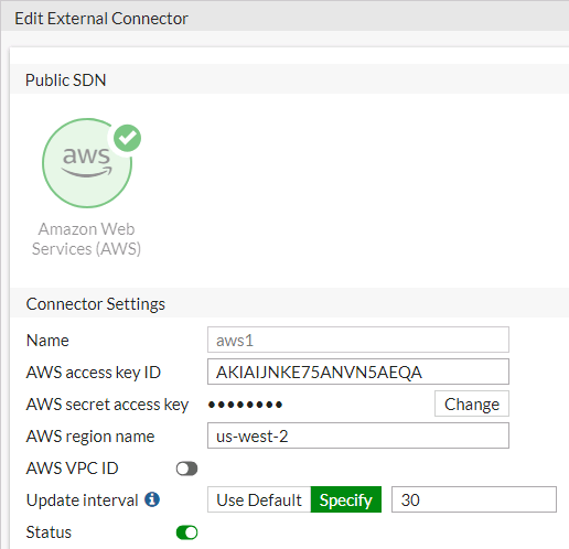 Screenshot of SDN connector configuration for Amazon EKS