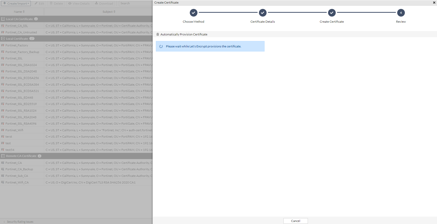 Creating a certificate | FortiPAM 1.7.0 | Fortinet Document Library