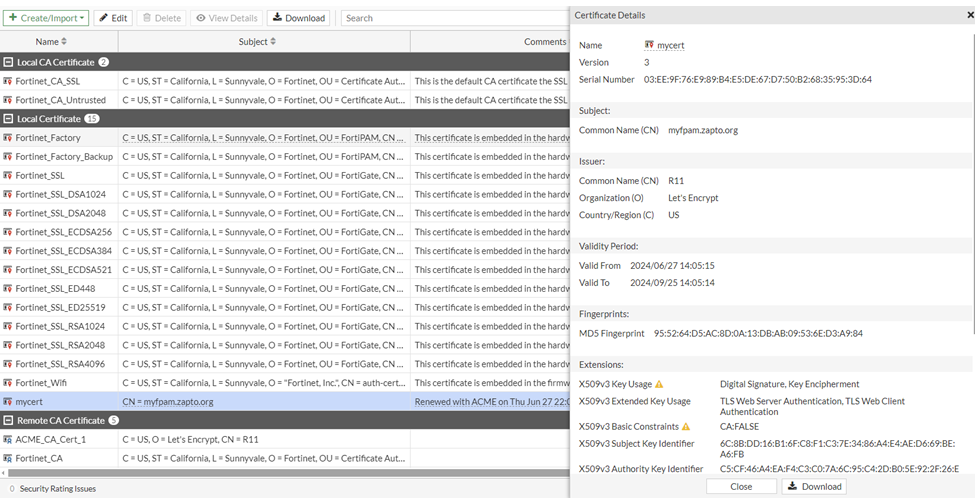 Creating a certificate | FortiPAM 1.7.0 | Fortinet Document Library