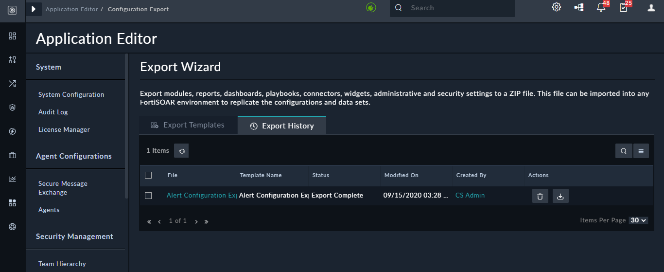 Configuration Export page - Export History page