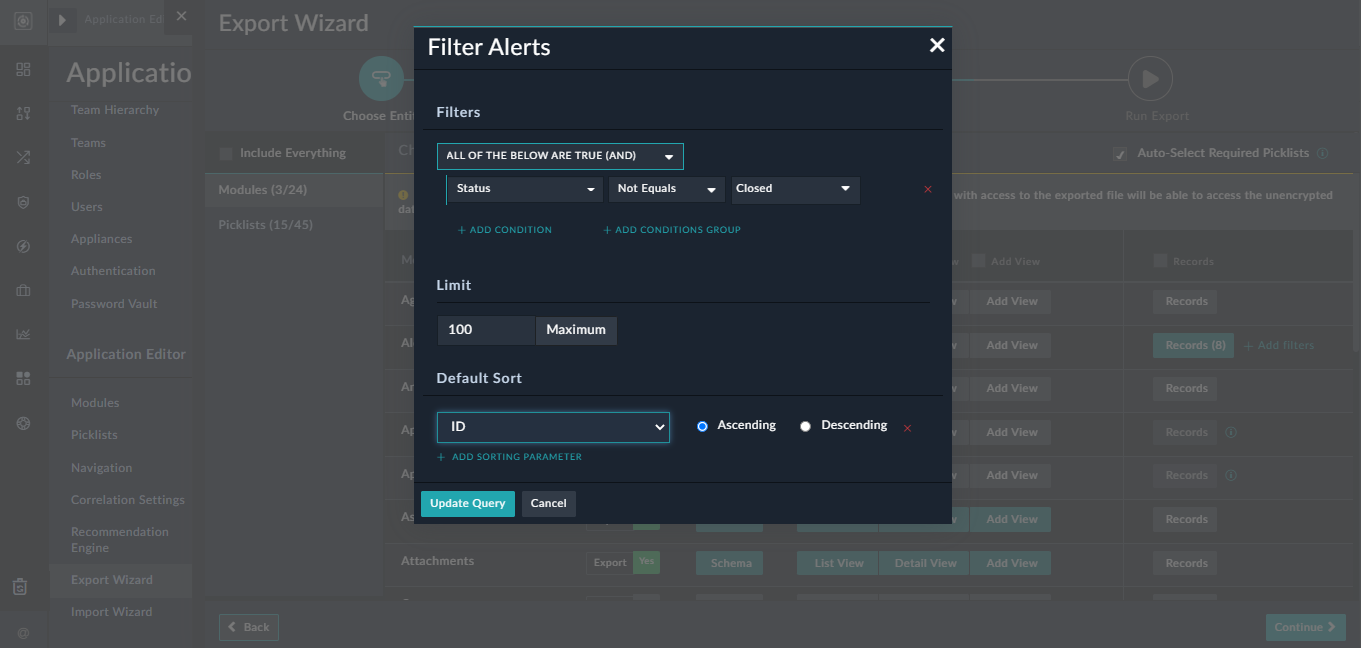 Filtering alert data while export