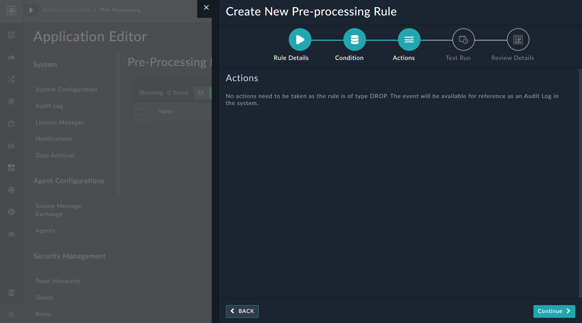 Pre-processing wizard - Actions dialog