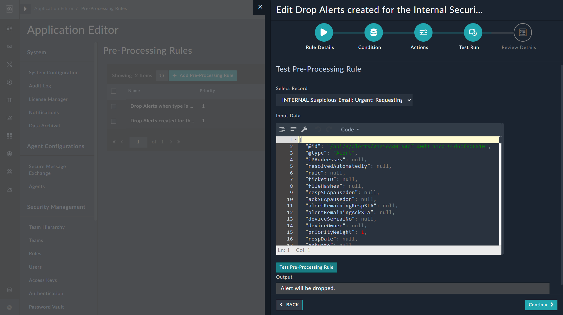 Pre-processing wizard - Test rule dialog