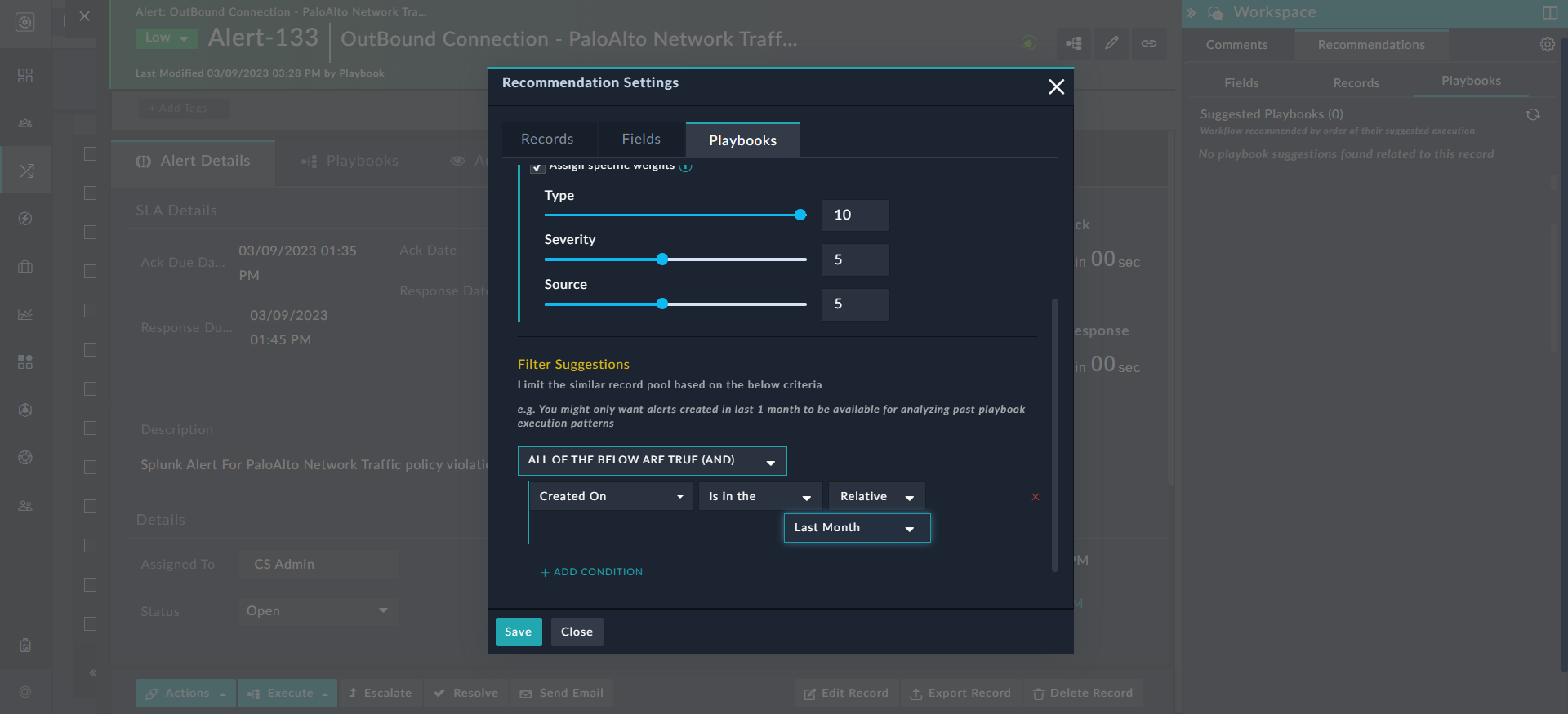Defining the filter criteria for similar records to define suggested playbooks