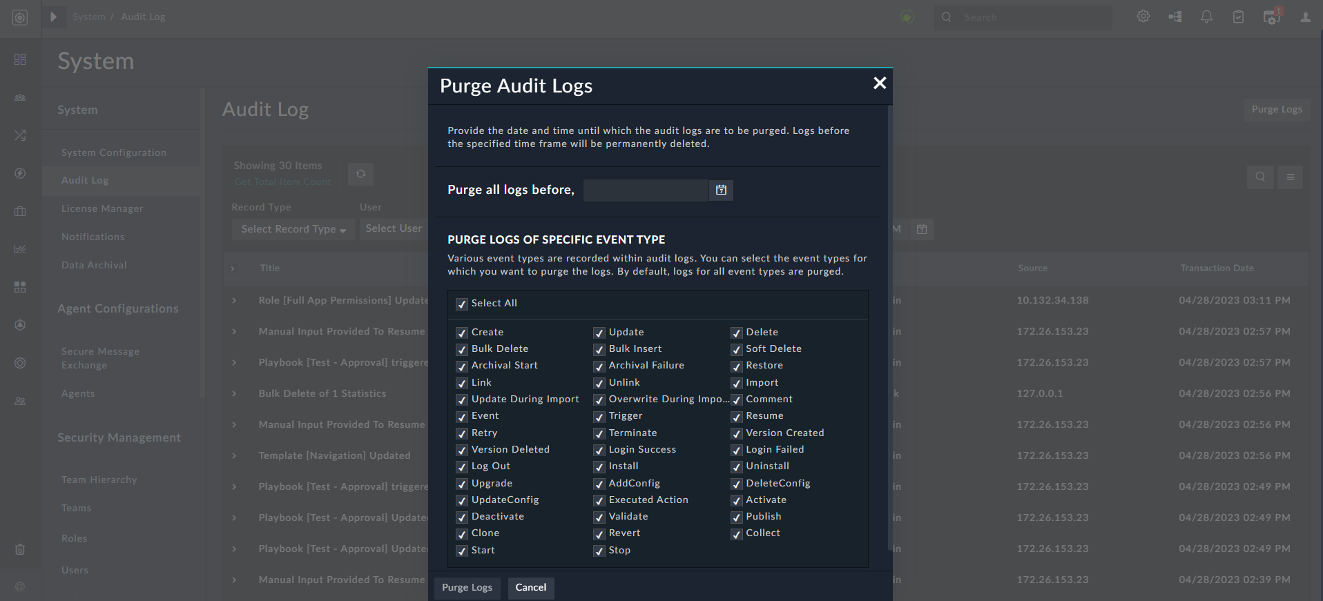 Purge Logs Dialog - Date and Time Selection