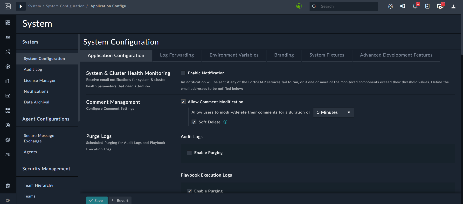 System Configuration Menu - Application Configuration tab