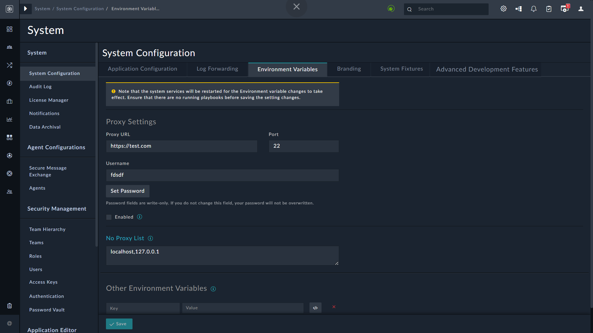 System Configuration Menu - Environment Variables tab
