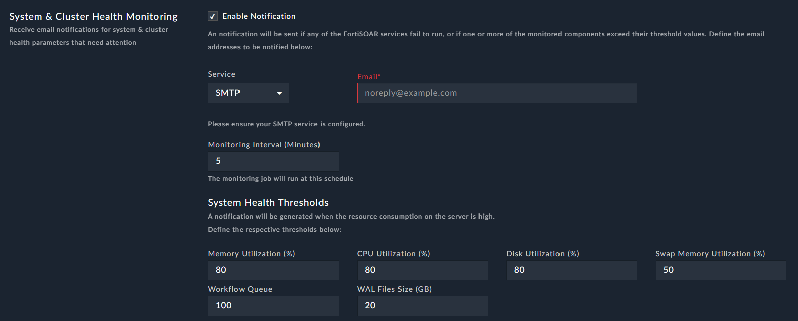 Application Configuration Page - System & Cluster Health Monitoring section for a single node