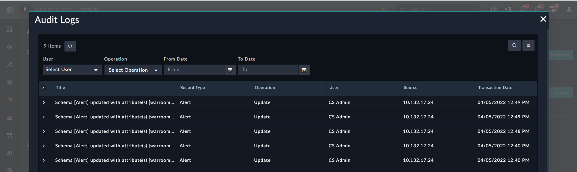 Audit Logs: Alert Module Audit log