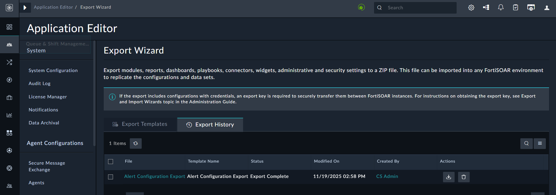 Configuration Export page - Export History page