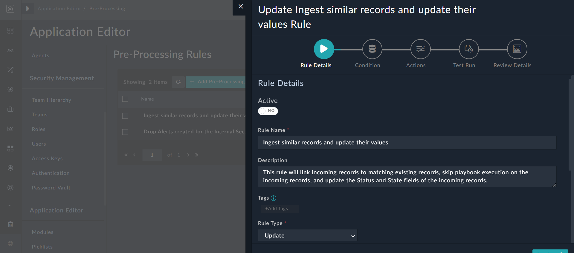 Update pre-processing rule wizard