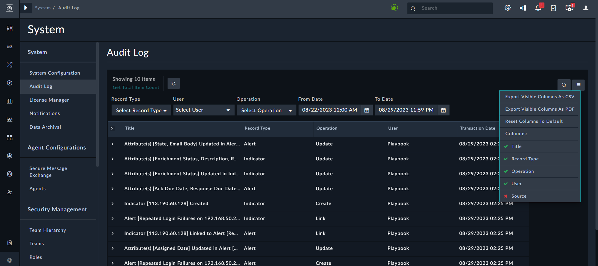 More Options menu with hidden columns