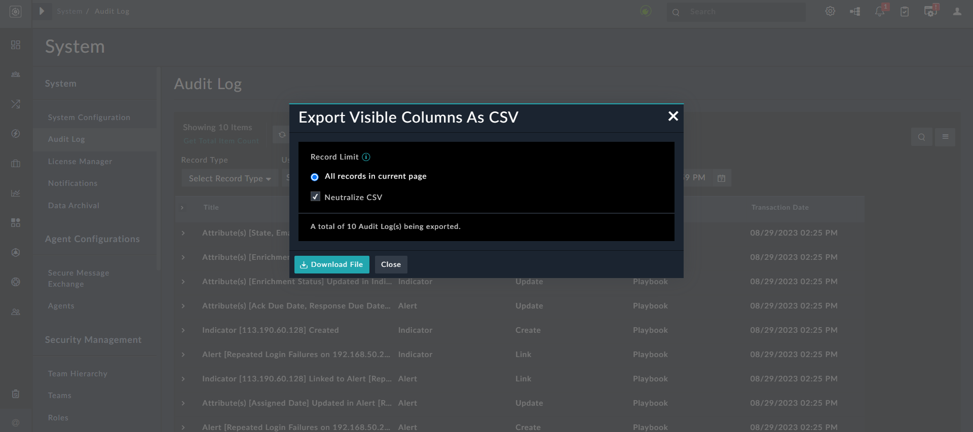 Export Visible Columns As CSV dialog