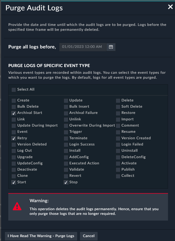 Purge Audit Log Dialog Warning